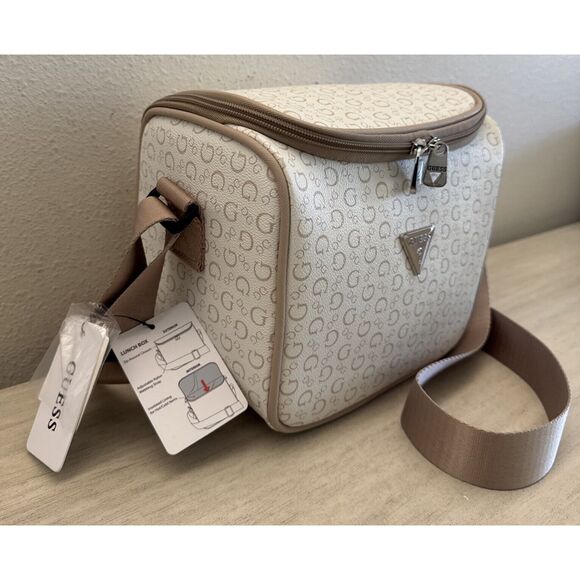 Guess V720069 White/Taupe Allover Logo Print Junction Travel Insulated Lunch Bag - Picture 3 of 12